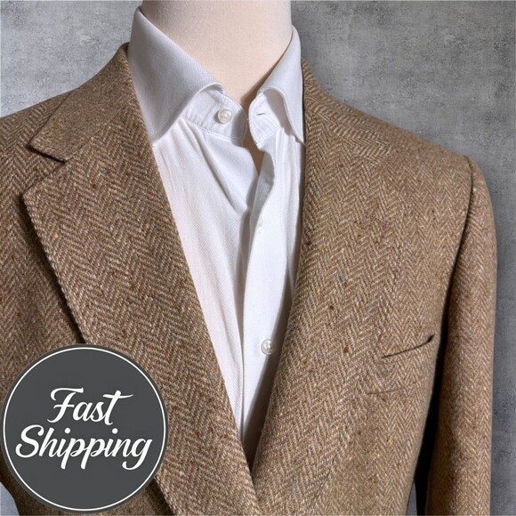 Vintage 46XL Tweed Wool Brown Herringbone Blazer Sport Coat Jacket 2-Button USA - Picture 1 of 13